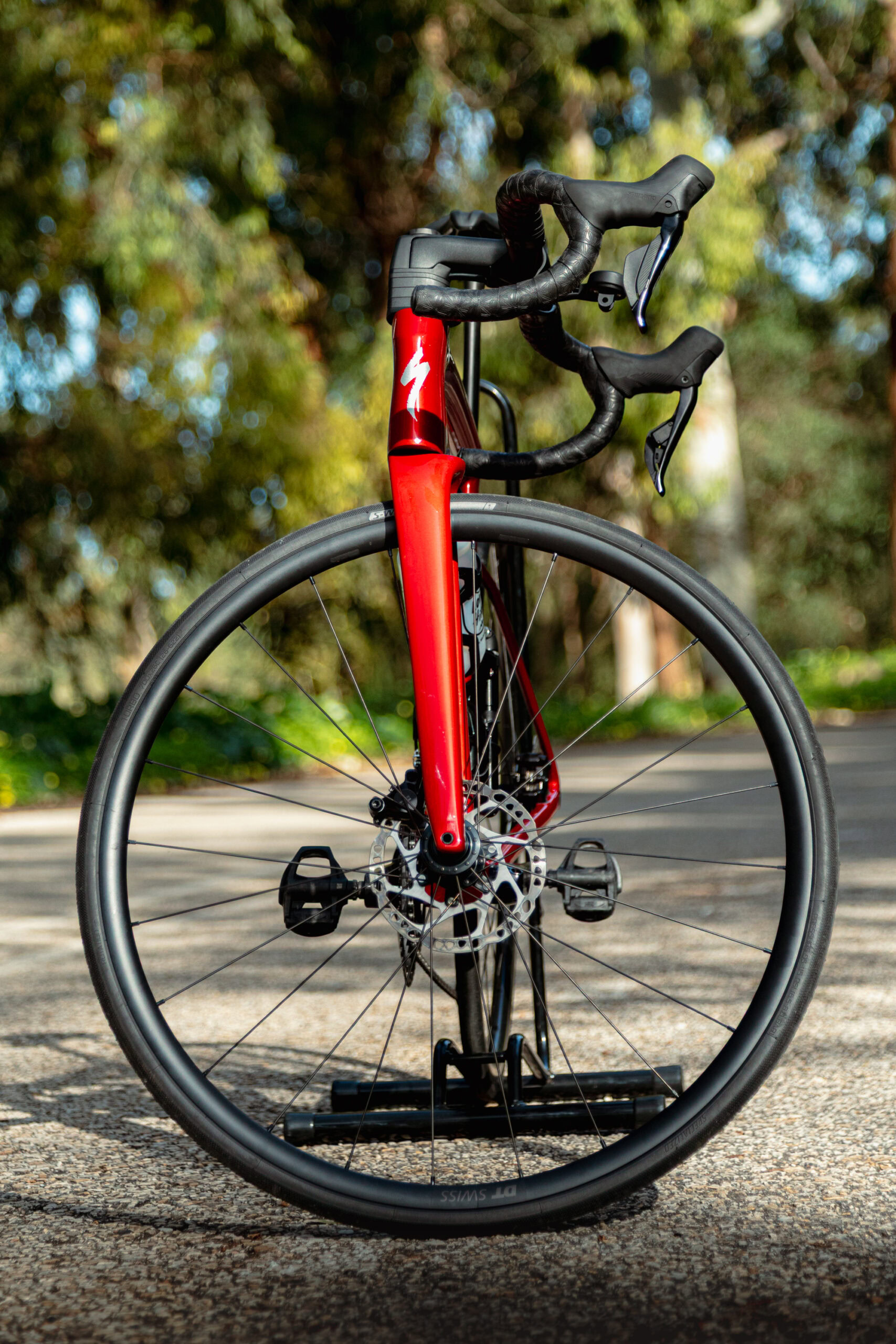 Front view of Specialized Tarmac SL8 road bike cockpit and carbon frame on Portugal cycling tour bike